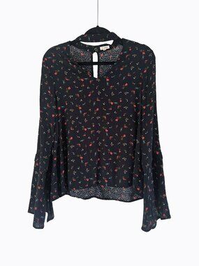 Black Chintz Floral Choker Top S V-Neck Bell Sleeve Y2K Western Boho Whimsigoth